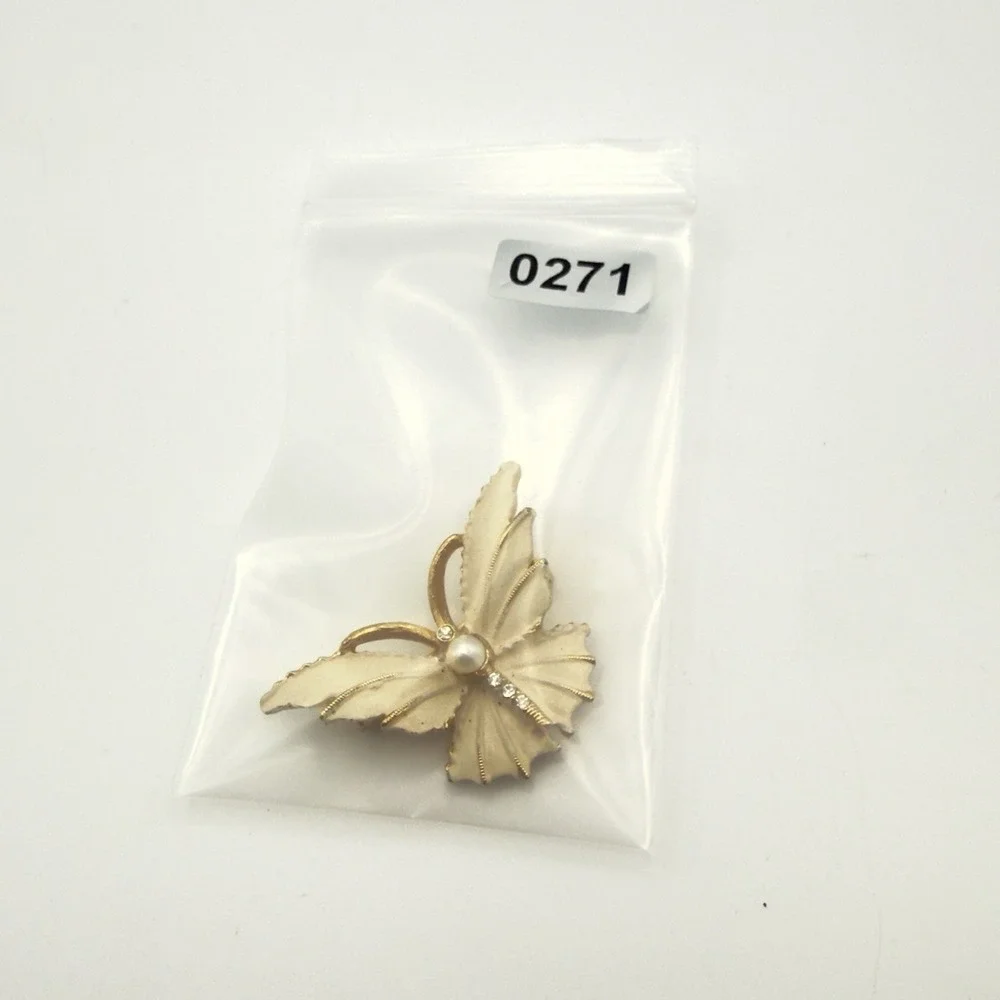 Vintage Butterfly Rhinestone Brooch Cream Enamel Faux Pearl Gold Tone